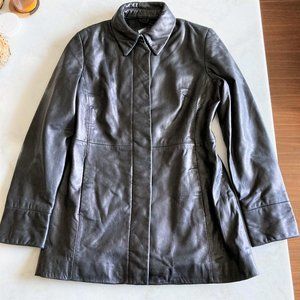 Banana Republic leather jacket, hip length, collared, slim fit, minimalist style